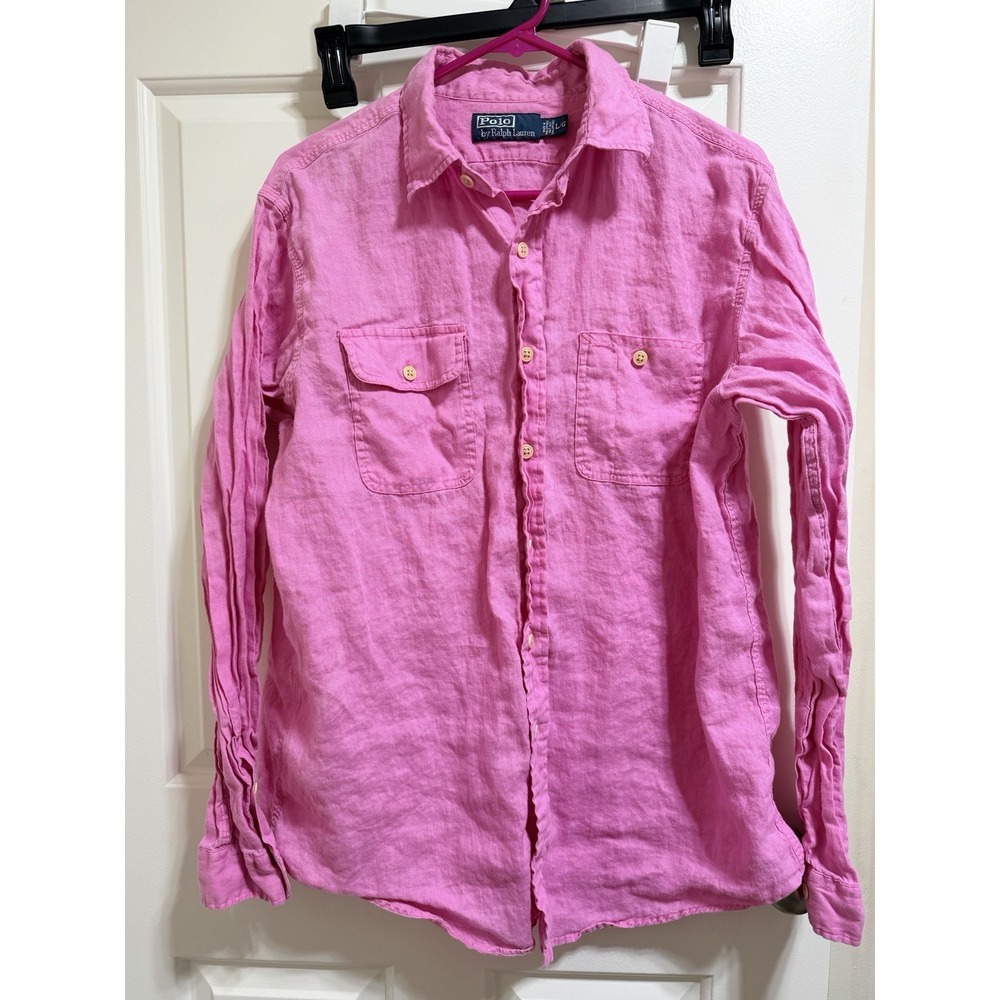 Polo Ralph Lauren Shirt Womens Large 100% Linen Pink Long Sleeve